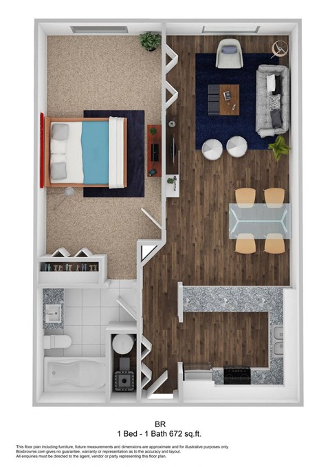 1 Bed - 1 Bath 672 sq. ft. BR floor plan